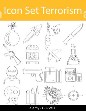 Appelée Doodle bordée Icon Set le terrorisme avec 16 icônes pour l'utilisation créative en design graphique Illustration de Vecteur