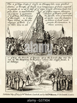 Des démonstrations de puritains à Londres contre la monarchie. Leurs actions inclus tirant la croix à Cheapside et la gravure des textes catholiques où la croix s'était levé. Date : Mai 1643 Banque D'Images