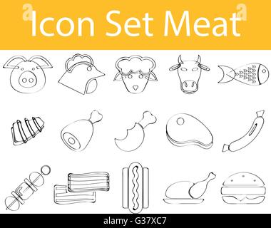 Appelée Doodle bordée Icon Set Viande avec 15 icônes pour l'utilisation créative en design graphique Illustration de Vecteur