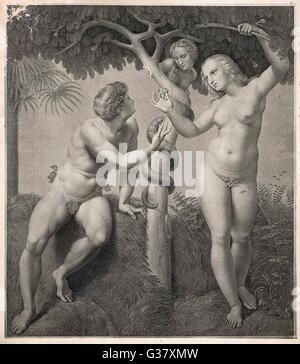 Adam, Eve, serpent et figuier dans le jardin d'Éden Banque D'Images