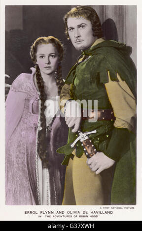 Erroll Flynn comme Robin et Olivia de Havilland Marianne dans 'Les aventures de Robin des bois', 1938. Banque D'Images