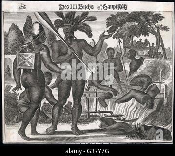 Cannibales rapportés par conquistadores portugais. Ici certains sont indiqués le rôtissage leurs victimes à la broche. Date : 1530 Banque D'Images