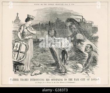 Père Thames présentant son rejeton à la bonne ville de Londres, la diphtérie, le choléra et la scrofule Date : 1858 Banque D'Images