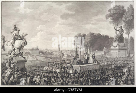 Marie-Antoinette, ex-reine de France, est guillotinée Place de la révolution (aujourd'hui Place de la Concorde) Date : 16 Octobre 1793 Banque D'Images