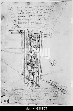 Croquis de LÉONARD DE VINCI d'une machine volante, conduit par un homme debout à l'aide de ses bras à rabat la ailes Date : vers 1500 Banque D'Images