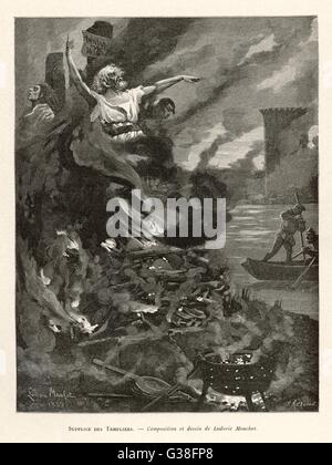 Jacques de Molay et d'autres Templiers sont brûlés à la hâte à Paris, à l'ordre de Philippe le Bel, roi de France Date : 11 Mars 1314 Banque D'Images