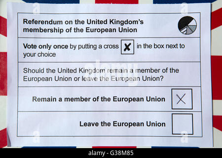 Un bulletin de vote pour le Royaume-Uni référendum sur l'adhésion à l'Union européenne. Le formulaire de vote a été traversé de demeurer membre de l'Union européenne. Banque D'Images