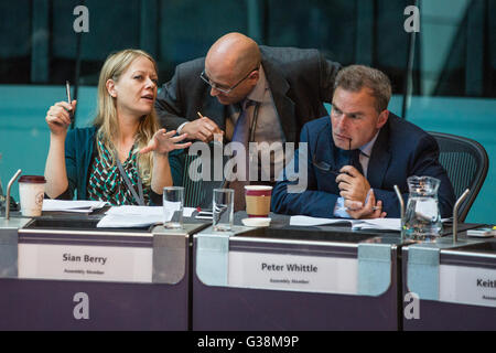 Londres, Royaume-Uni. 9 juin, 2016. Green London Membre de l'Assemblée Sian Berry aborde un point avec l'Assemblée de Londres Conservateur Keith Membre Prince lors de l'audience de confirmation pour le conseiller Sophie Linden pour le rôle de l'adjoint au maire pour le maintien de l'ordre et la criminalité (DMPC) dans la chambre à l'Hôtel de Ville. Banque D'Images