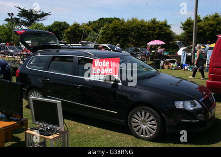 Rosudgeon, Cornwall, UK. 9 juin, 2016. Les panneaux 'Quitter' de l'UE sur la voiture d'un vendeur du marché aux puces en Rosudgeon, Cornwall, Angleterre. Credit : Juergen Schwarz / Alamy Live News Banque D'Images