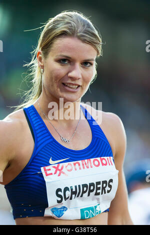 Oslo, Norvège. 09Th Juin, 2016. Diamond League Bislett Games. Dafne Schippers de Pays-bas tout sourire après avoir les Dames 200m au cours de la Ligue de diamant de l'IAAF tenue à Exxon Mobil Bislett Games d'Oslo, Norvège. Credit : Action Plus Sport/Alamy Live News Banque D'Images