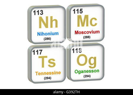 Nihonium Tennessine, Moscovium, Oganesson, éléments chimiques isolé sur fond blanc, 3D Rendering Banque D'Images