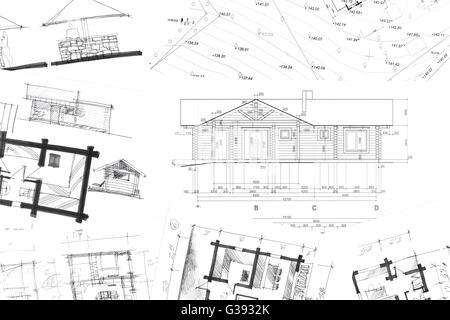 Pile de la main de concepteur de dessins avec les bleus sur planche de bois Banque D'Images