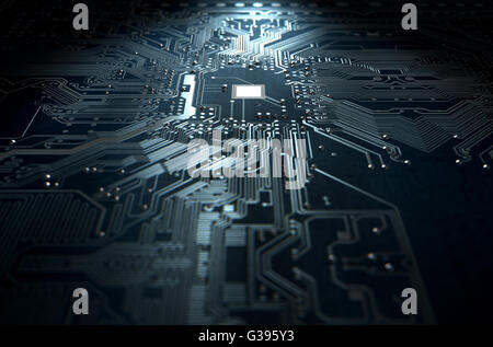 Un rendu 3D d'une vue macro d'un circuit imprimé sur un fond sombre studio isolé Banque D'Images