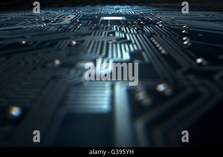 Un rendu 3D d'une vue macro d'un circuit imprimé sur un fond sombre studio isolé Banque D'Images
