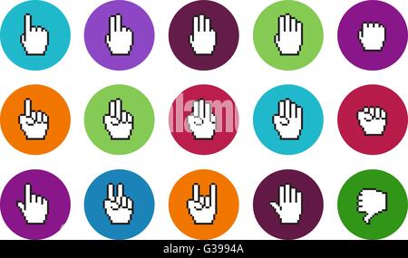 Les curseurs de souris les icônes cercle Pixel mains. Illustration de Vecteur