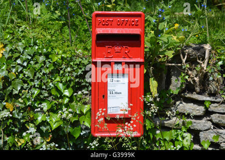 ER post box rouge, situé sur le mur dans le village rural de Shepton Montague, Somerset, Angleterre Banque D'Images