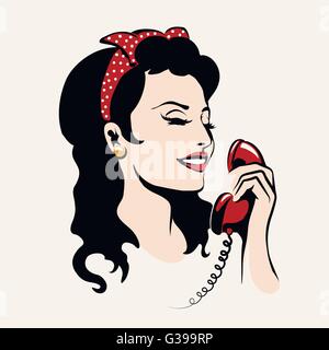 Jolie femme rire et parler au téléphone, pop art illustration. Illustration de Vecteur