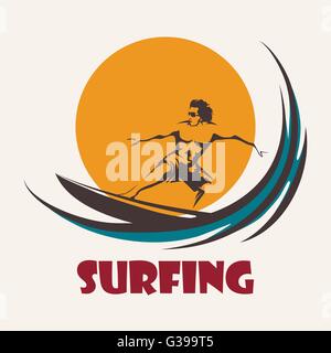 Surfer sur un long bord. L'emblème du club de surf. Isolé sur fond blanc. Illustration de Vecteur