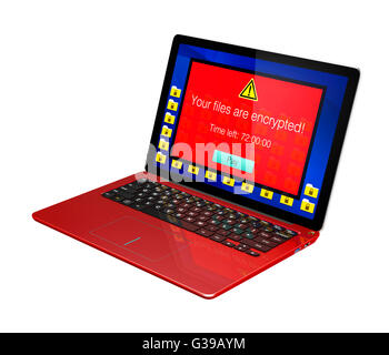 Écran d'ordinateur portable d'alerte indiquant que l'ordinateur a été attaqué par ransomware. Le rendu 3D image avec chemin de détourage. Banque D'Images