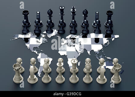 Symbole de l'échiquier géopolitique, hors de la carte du monde d'échecs à jouer Banque D'Images