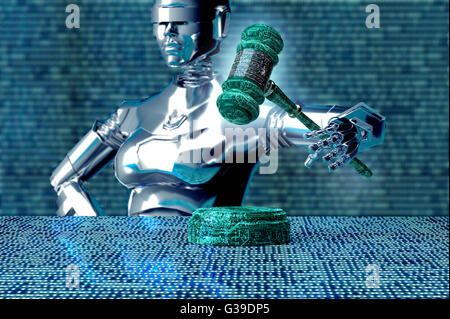Concept juridique juge ordinateur, robot avec marteau,3D illustration. Banque D'Images