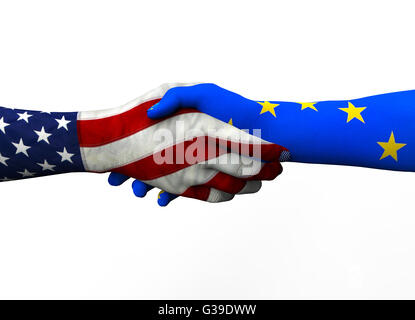 American hand shaking hand européen isolé sur blanc avec chemin de détourage, 3d illustration Banque D'Images