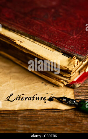Libre d'un vieux livre, un vieux stylo dip et un papier jaunâtre avec le mot littérature écrite avec une encre noire en elle, on a rustic Banque D'Images