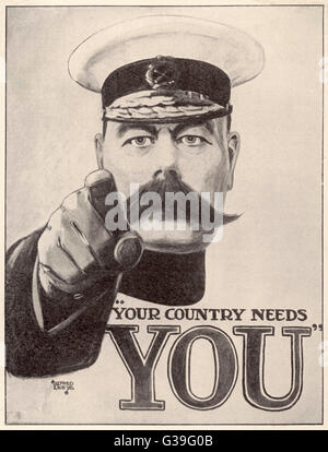 KITCHENER POSTER "Votre pays a besoin de vous" l'affiche de recrutement frappant avec Lord Kitchener. Date : vers 1915 Banque D'Images