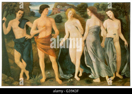 Le jugement de Paris : Paris, prince de Troie, doit attribuer la pomme de discorde à Héra, Aphrodite ou Athena : essayez tous les pots-de-vin, mais Aphrodite gagne en lui offrant Helen Date : vers 1940 Banque D'Images