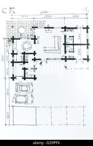 Le dessin architectural un croquis au crayon. Plan de maison. Banque D'Images