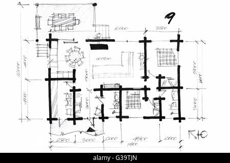 Perspective contemporaine croquis d'un plan de maison en noir et blanc Banque D'Images