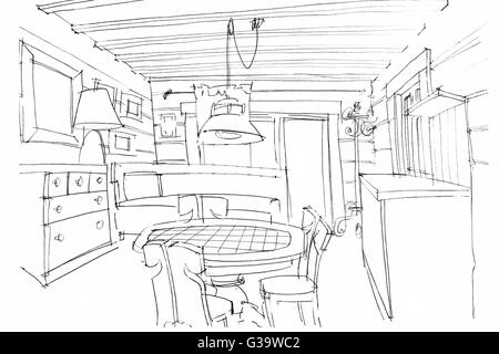 Dessin à la main du concepteur, perspective de l'intérieur d'une cuisine en noir et blanc Banque D'Images