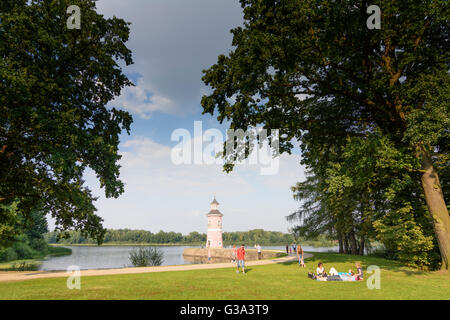 Château de Moritzburg Parc : l'installation portuaire à l'étang Grossteich avec jetée et phare, Allemagne, Saxe, Saxe, Moritzburg , Banque D'Images