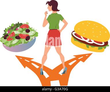 De saines habitudes alimentaires. Femme debout à la croisée des chemins, le choix entre une salade et un hamburger. 8, aucun vecteur EPS transp Illustration de Vecteur