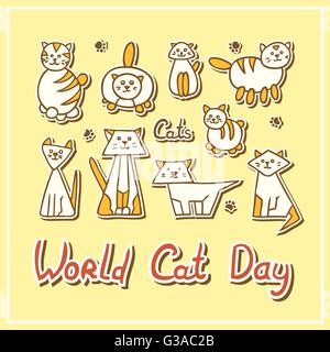 World Cat Carte journalière avec les chats sur fond texturé. Illustration de Vecteur