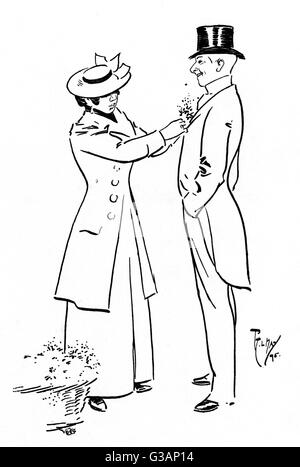 Cockney London Flowergirl vend des trous de boucher à City gent Banque D'Images