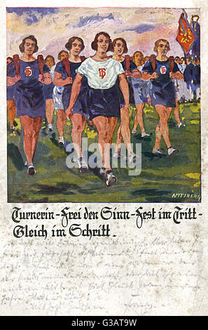 Carte postale allemande, les femmes athlètes marchant Banque D'Images