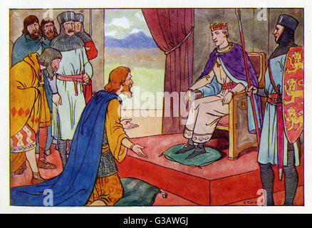Les chefs et rois irlandais s'agenouillent devant le roi Henri II (1133-1189) à Dublin, en Irlande. En octobre 1171, le roi Henri débarqua avec une grande armée en Irlande pour établir le contrôle des Anglo-Normands et des Irlandais. Les seigneurs normands ont remis leur territoire conquis à Henri. Banque D'Images