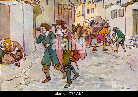 Deux hommes tenant des mouchoirs sur leur nez pour tenter d'éviter d'attraper la peste alors qu'ils se dépêchent dans les rues de Londres. En arrière-plan, des hommes ramassent des corps dans les rues dans une charrette avant de les enterrer tous dans une fosse commune. Banque D'Images