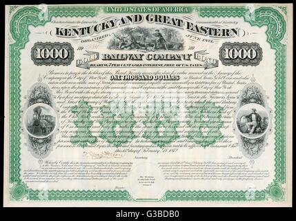 Le Kentucky et le Great Eastern Railway Company - collier 000 Certificat d'actions. Date : 1872 Banque D'Images