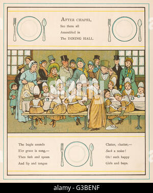 Les enfants de l'hôpital Foundling, Londres, prendre leurs repas malgré le nombre de visiteurs. Date : 1883 Banque D'Images