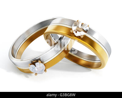 Les anneaux de mariage isolated on white attachés ensemble. 3D illustration Banque D'Images