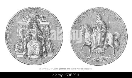 La reine Anne, le grand sceau de la Reine Anne, avant l'Union de l'Angleterre et l'Écosse en 1707. Date : 1665 - 1714 Banque D'Images