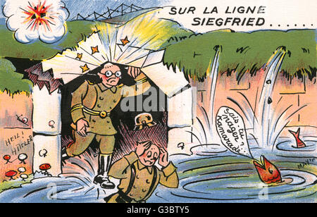 La propagande française WW2 Carte postale montrant la ligne Siegfried défensives allemandes ayant été attaqué et poussé une fuite ! Le poisson est la demande avec esprit bashed-up soldats allemands ? "Savez-vous comment nager, camarade ?" ! ! Date : vers 1940 Banque D'Images