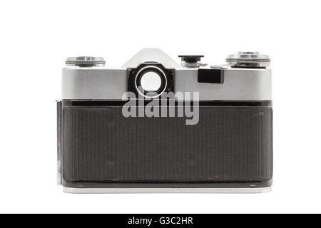 Retro camera film soviétique isolé sur fond blanc. Appareil photo reflex soviétique. Vue de côté arrière Banque D'Images