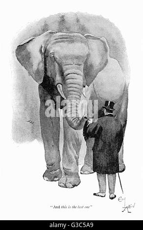 Illustration, homme nourrissant un petit pain à un éléphant Banque D'Images