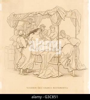 Une femme dans un état d'hystérie frénétique est retenu par six agents de bord. Ce type de comportement a été appelé le "Grand Mouvements' ('Grande mouvements') dans les années 1800 Date : 1881 Banque D'Images