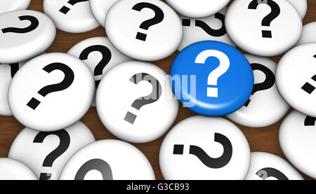 Point d'interrogation et le symbole sur la broche insignes business questions clients concept 3d illustration. Banque D'Images