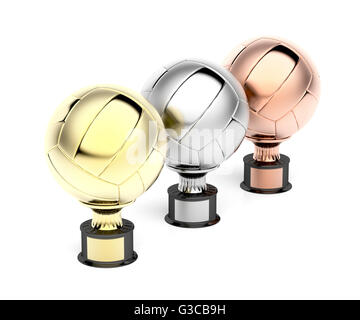 Or, argent et bronze volley-ball trophées sur fond blanc Banque D'Images