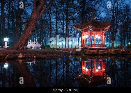 Pavillons traditionnels chinois dans le parc Lazienki à Varsovie dans la nuit Banque D'Images